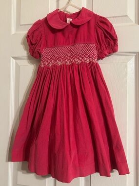 VTG Mom & Me Corduroy Dress Girls 4T Hot Pink Smocked Flower Puff Sleeve Tie